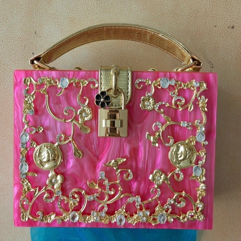 Black White Gold Arylic Flower Hollow Square Evening Bags