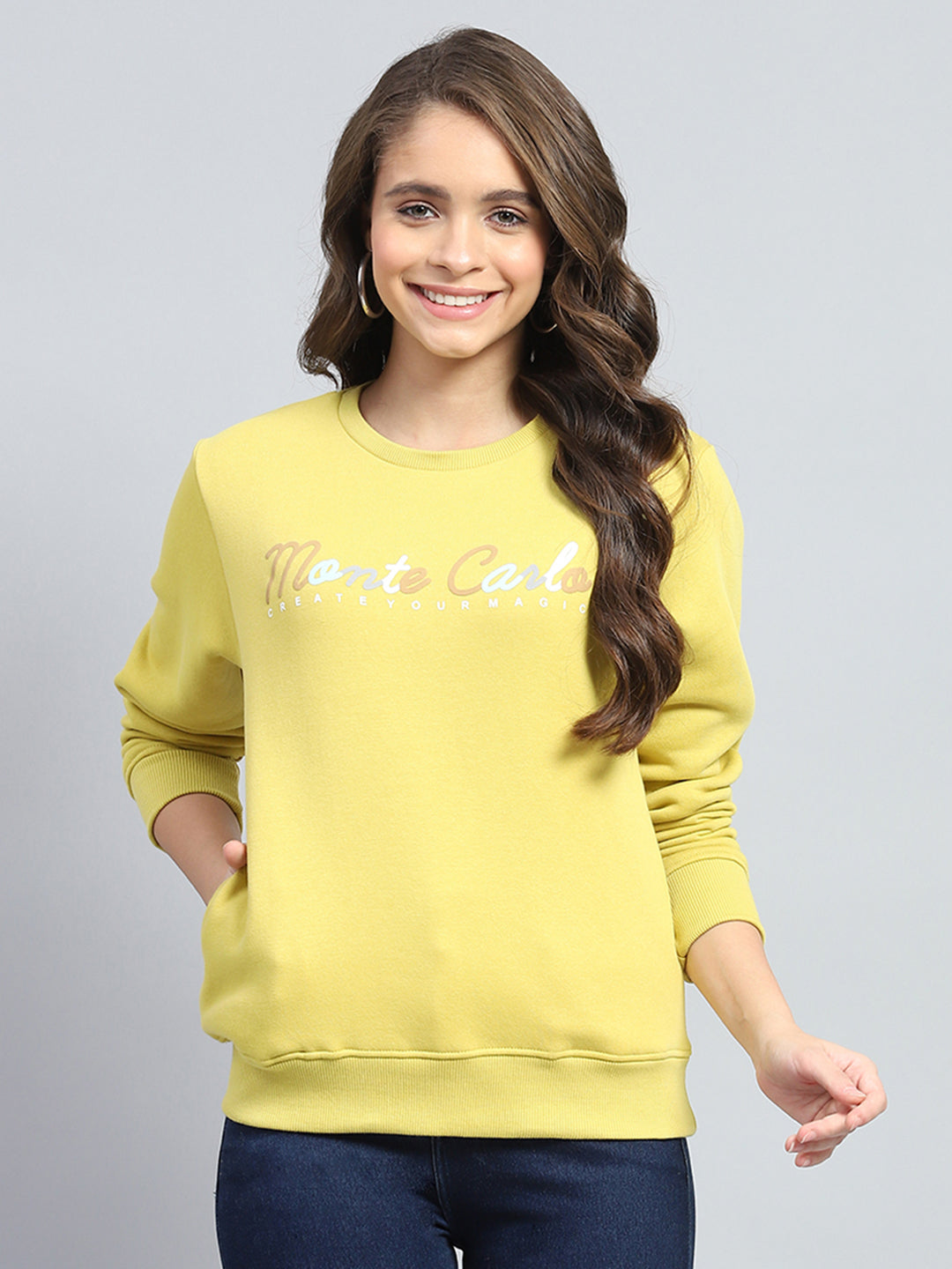 Women Yellow Printed Round Neck Full Sleeve Sweatshirt