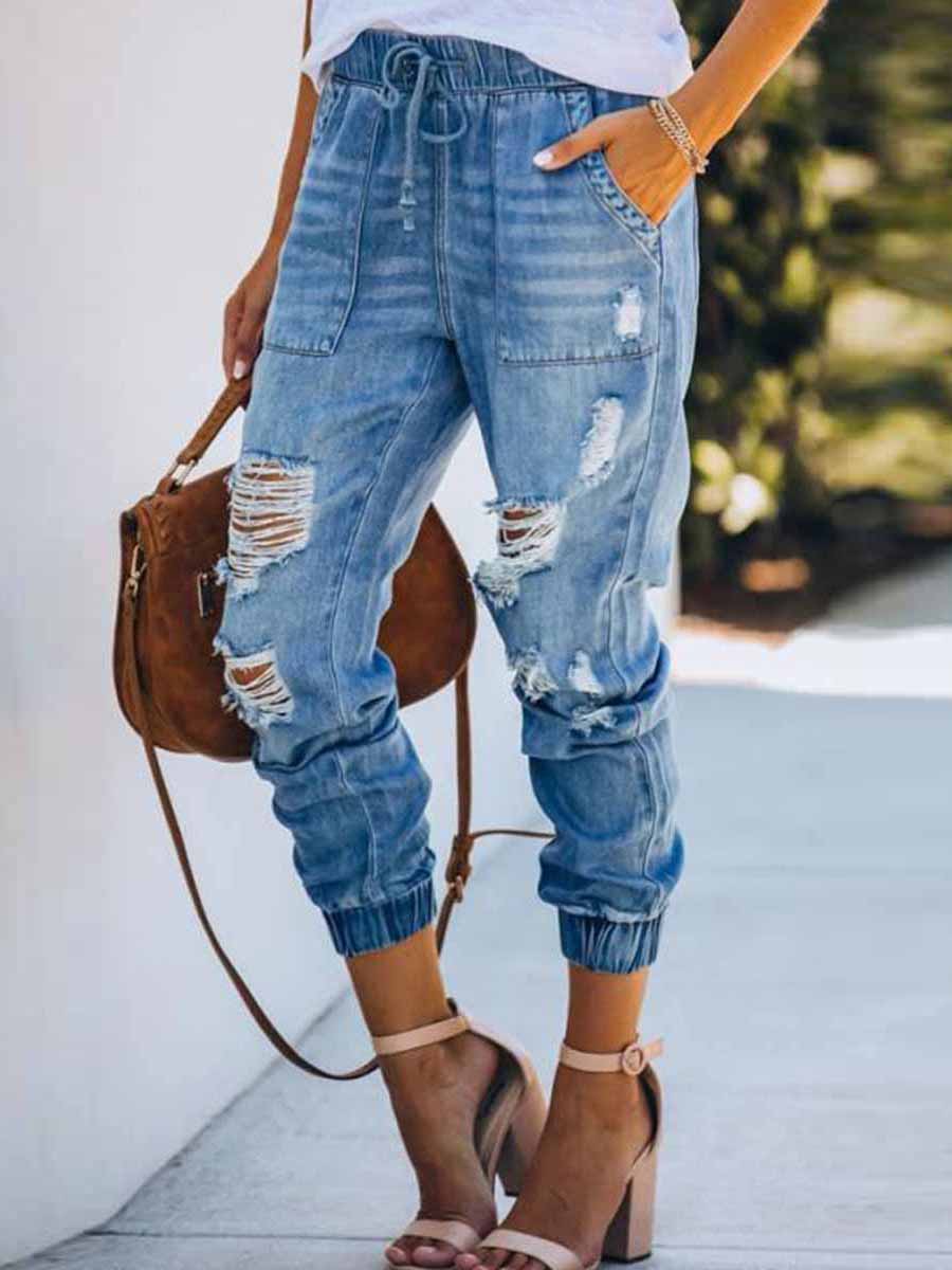 Adjustable Waist Ripped Jeans