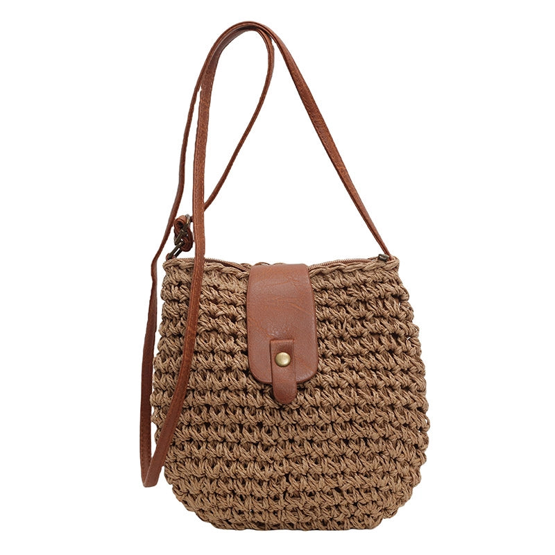 Women's Medium Straw Solid Color Vacation Beach Weave Bucket Magnetic Buckle Crossbody Bag