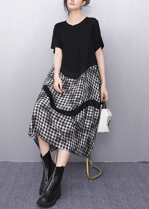 Grey Plaid Patchwork Cotton Vacation Dresses Summer