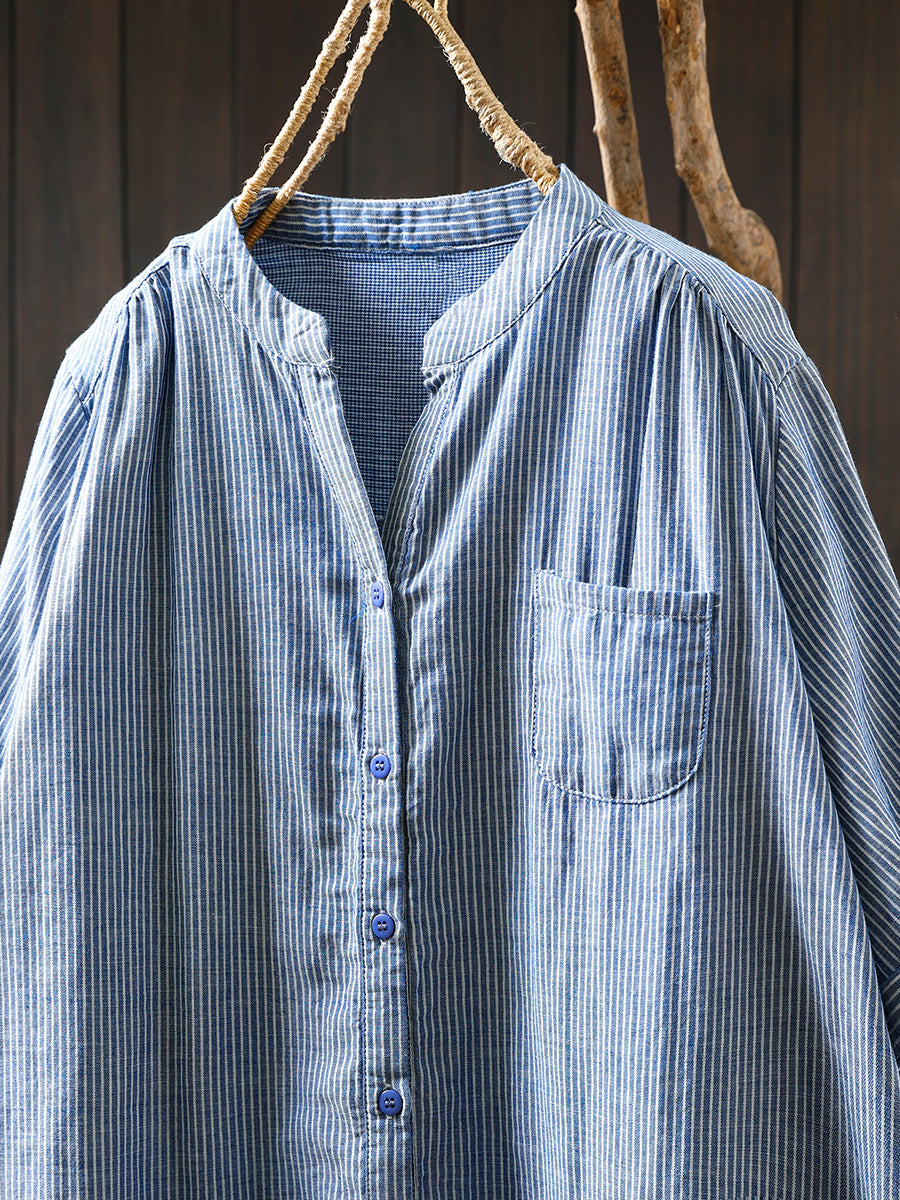 Women Summer Casual Stripe V-Neck 100%Cotton Shirt