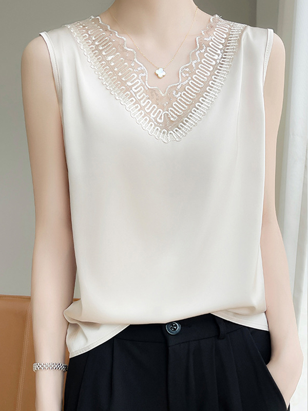 Loose Plus Size See-Through Solid Color Split-Joint Round-Neck Vest Top