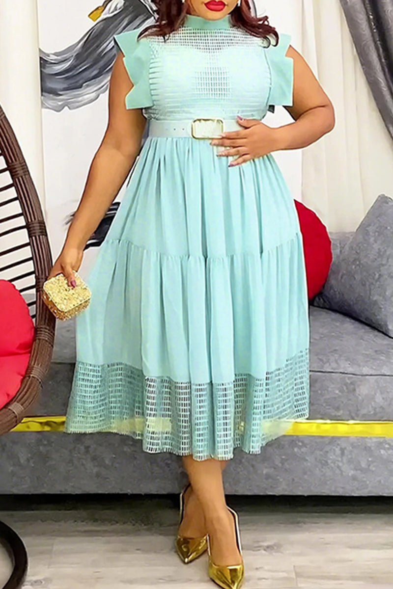 Casual Solid Color With Belt Half A Turtleneck A Line Plus Size Dresses