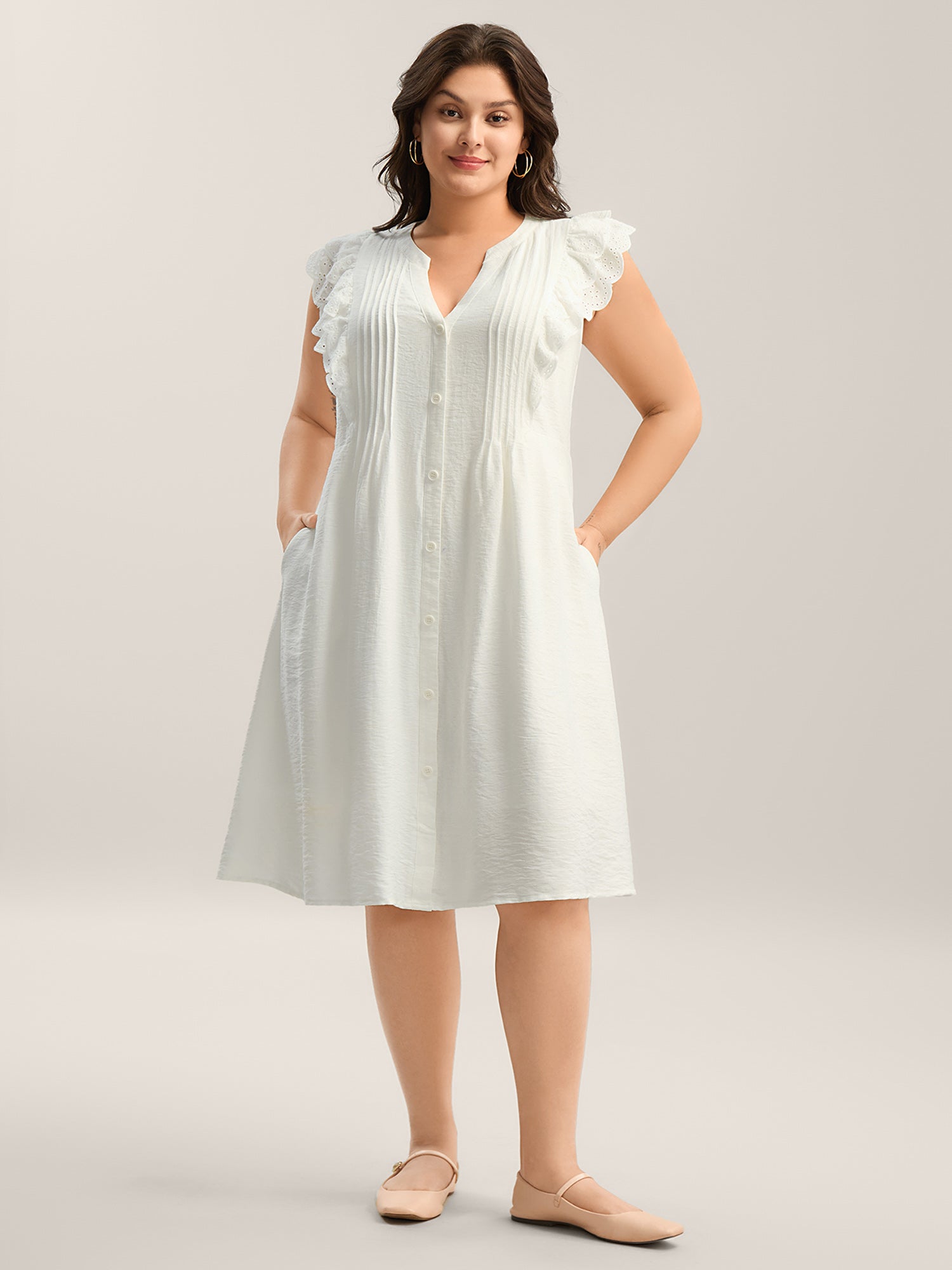 Lace Trim Pleated Button Shirt Dress