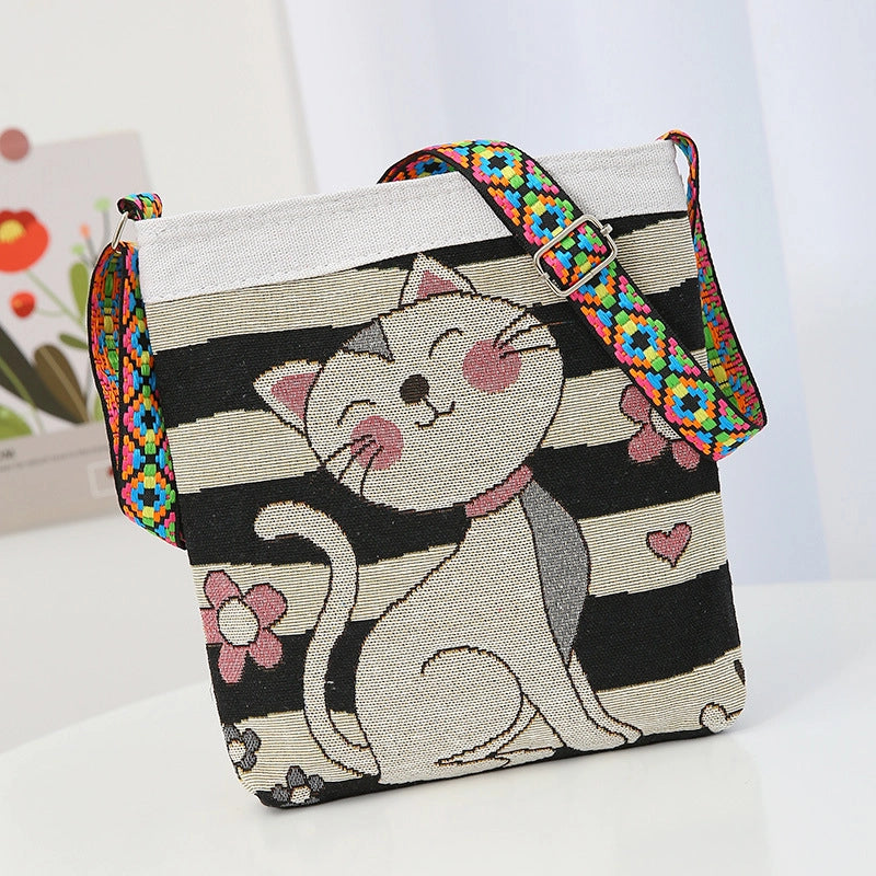Women's Medium Cotton And Linen Animal Cute Zipper Shoulder Bag