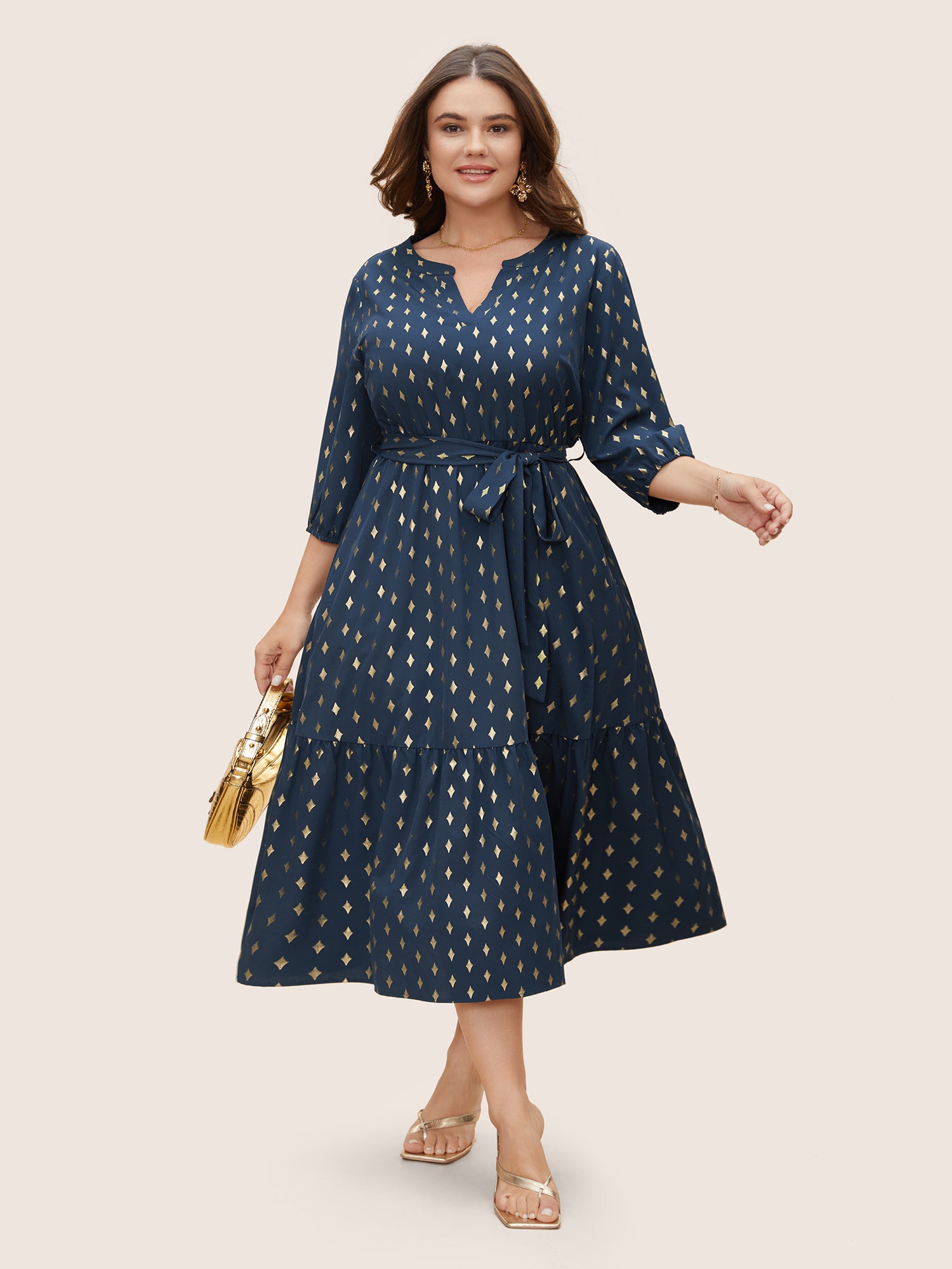 Glitter Notched Lantern Sleeve Midi Dress