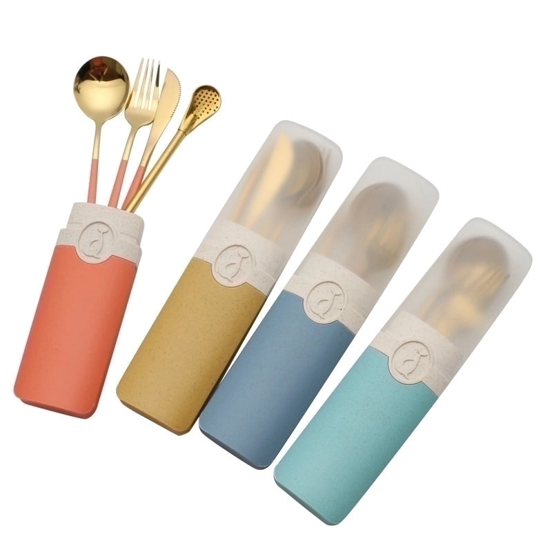 Retro Pastoral Color Block Stainless Steel Spoon Fruit Knife Fruit Fork 1 Set