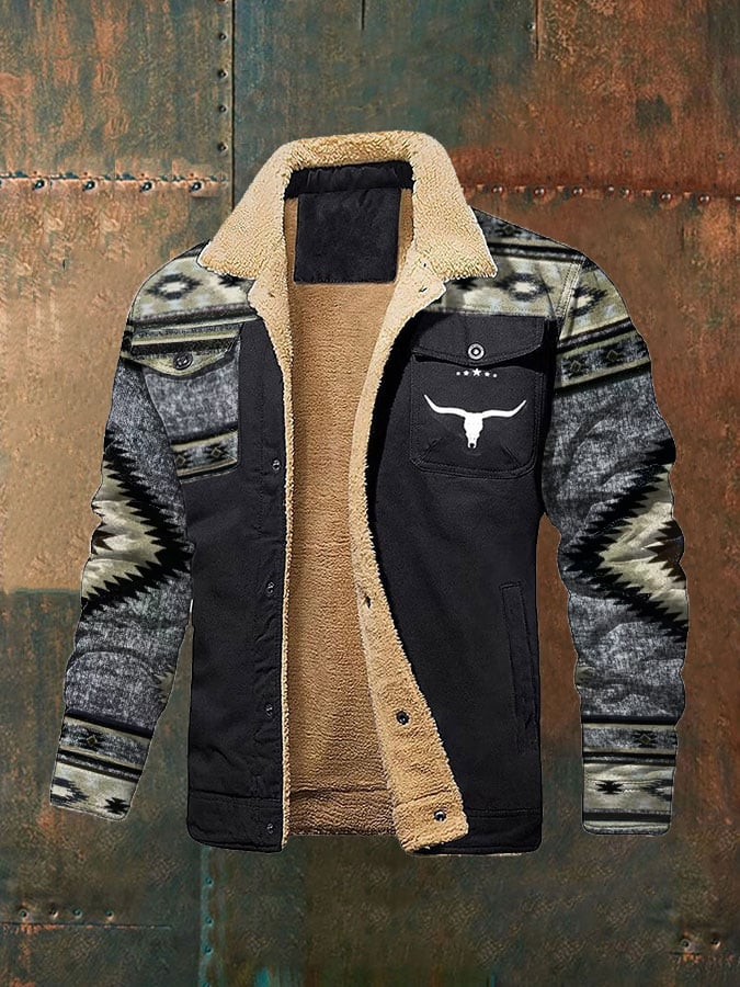 Men's retro western ethnic style winter fleece jacket