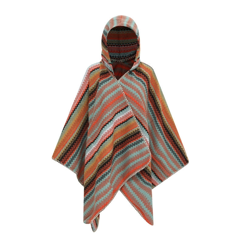 Thick Hat Cape Shawl Autumn And Winter Warm Striped Knitted Shawl Woven Split Cape For Women