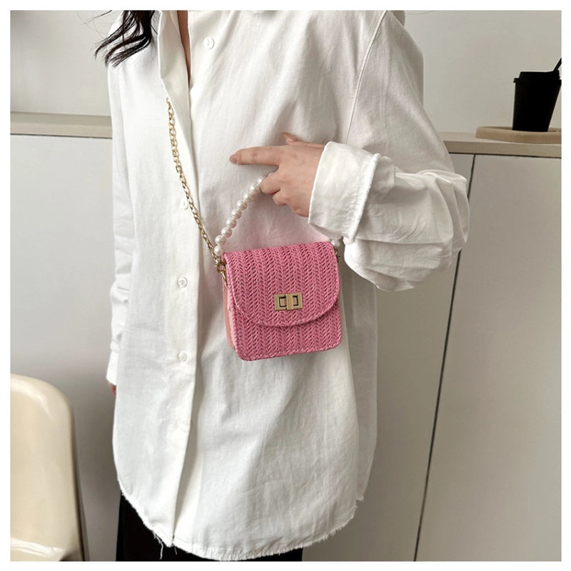 Women's Mini Straw Solid Color Elegant Pearls Lock Clasp Straw Bag