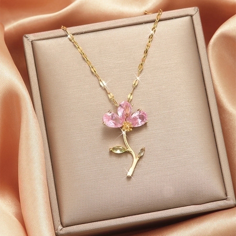 3 Pieces Lady Heart Shape Flower Titanium Steel Plating Inlay Zircon Gold Plated Pendant Necklace
