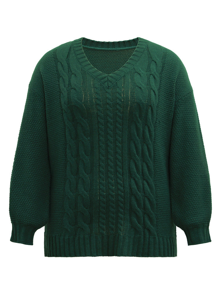 Solid Cable Knit V Neck Elastic Cuffs Pullover