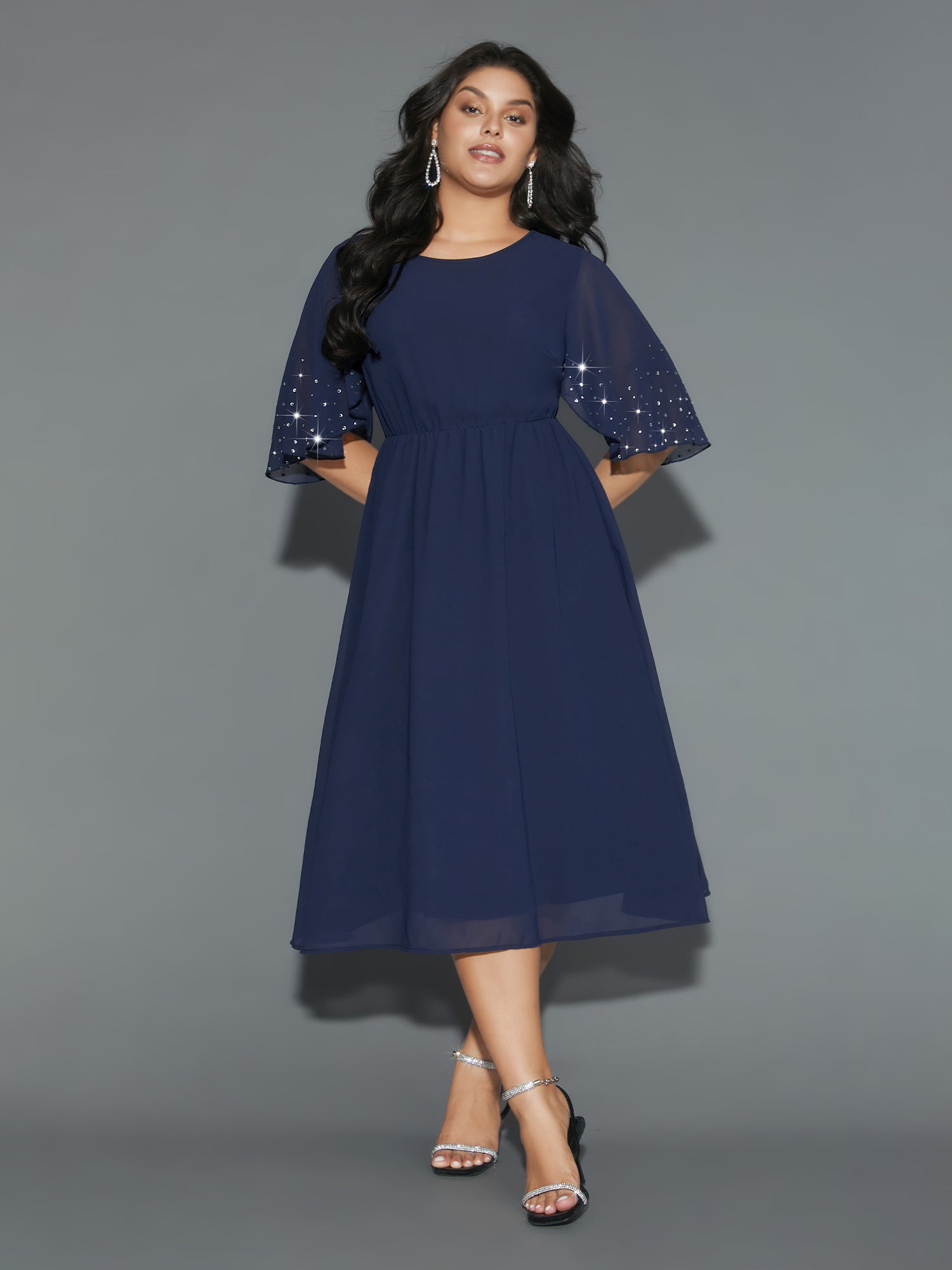 Rhinestone Elastic Waist Ruffle Sleeve Dress