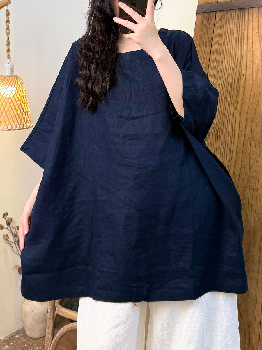 Women Summer Pure Color O-Neck Hemp Shirt