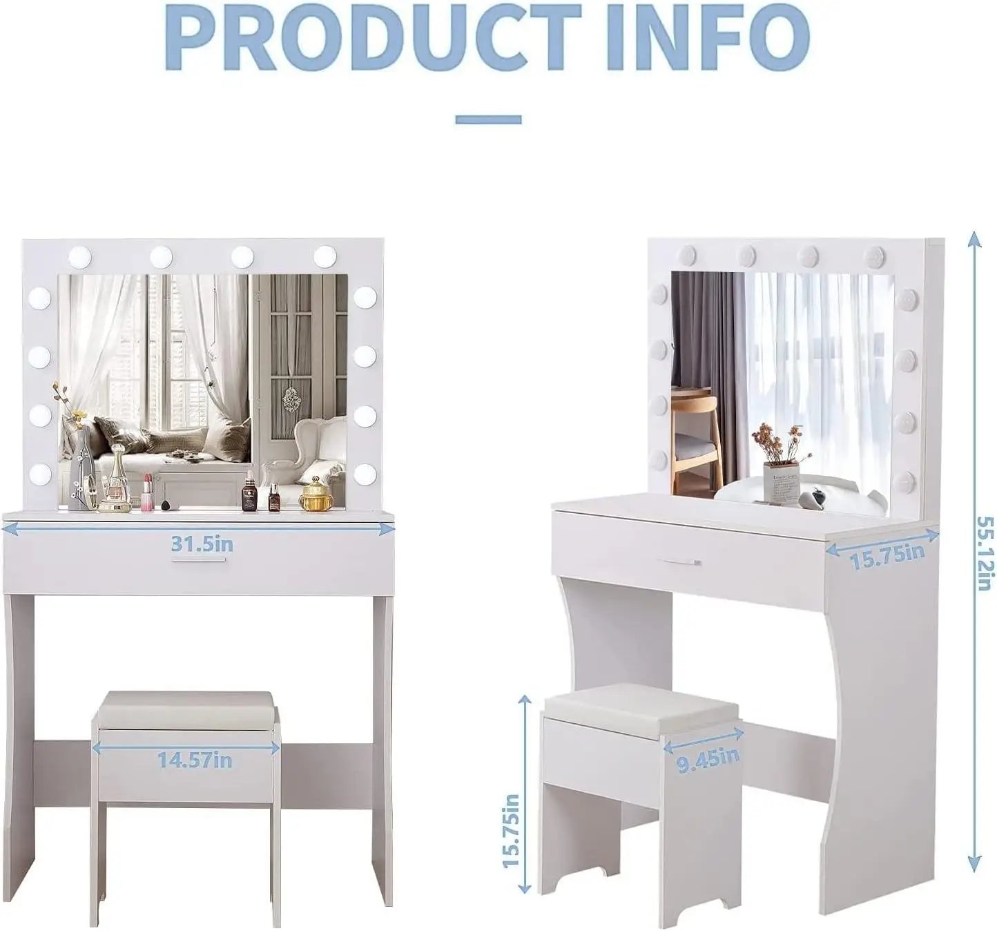 Vanity Table Set with Lighted Mirror - Makeup Vanity with Charging Station