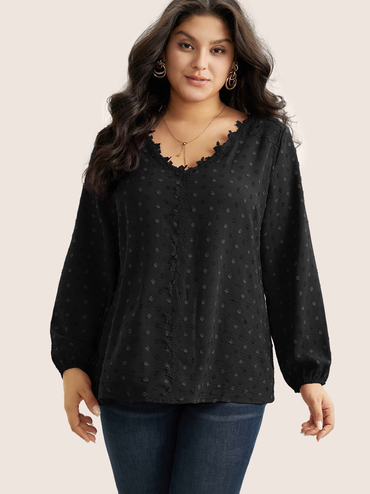 Plisse Eyelet Lace Elastic Cuffs Blouse