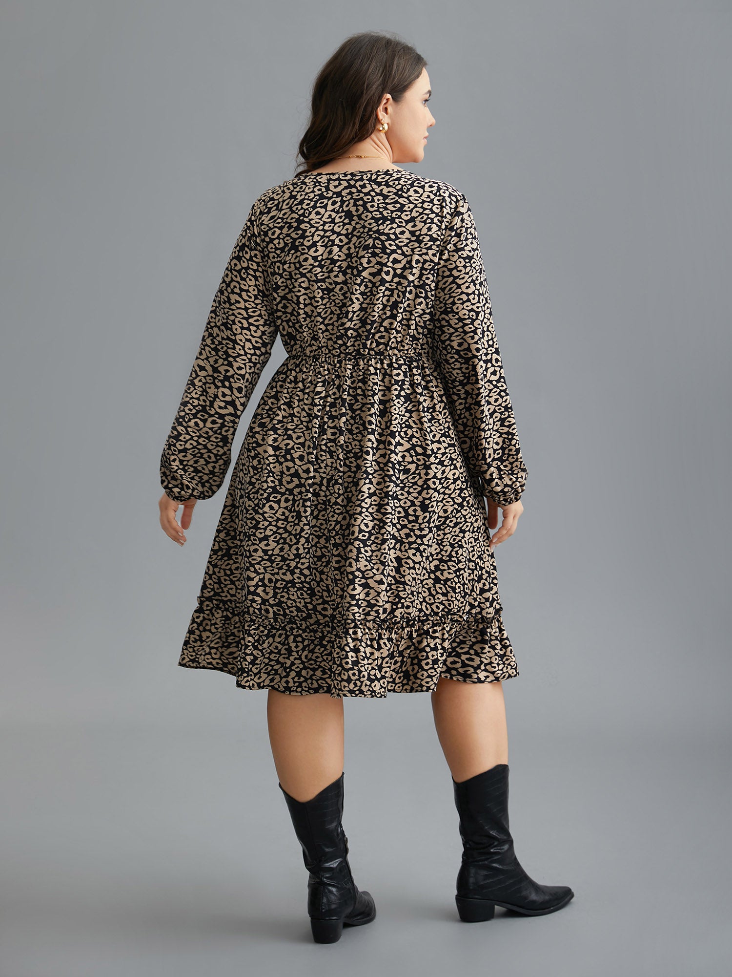Leopard Print Tiered Hem Pockets Midi Dress