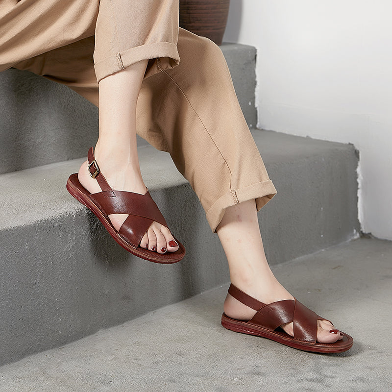 Genuine Leather X-Strap Peep Toe Slingback Flat Sandals Gladiator Style for Summer in Coffee/Khaki