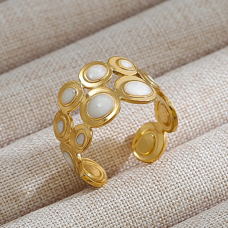 Rock Oversized Leaves Eye Flower 304 Stainless Steel Gem 18K Gold Plated Inlay Open Rings