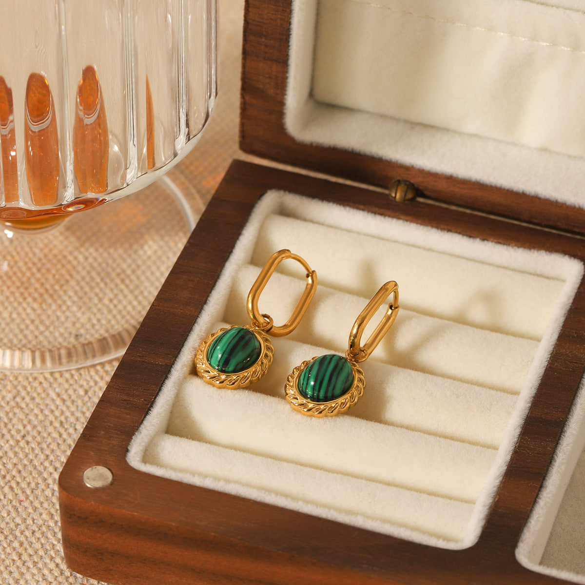 Retro Style Twisted Oval Stainless Steel Inlaid Malachite Pendant Earrings For Women
