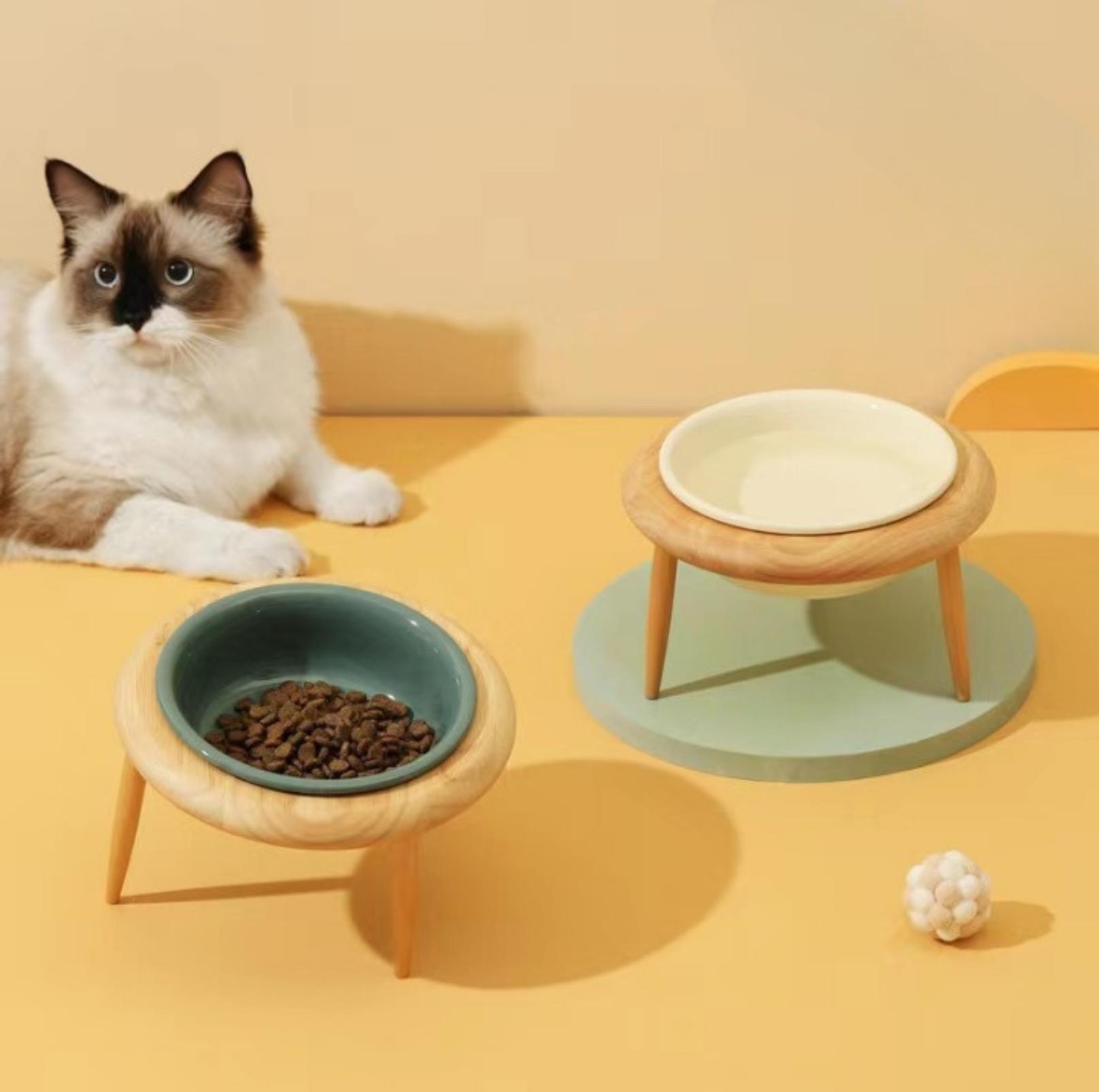 Ceramic Height Adjustable Pet Bowl with Wooden Stand | Small Dog and Cat Bowls