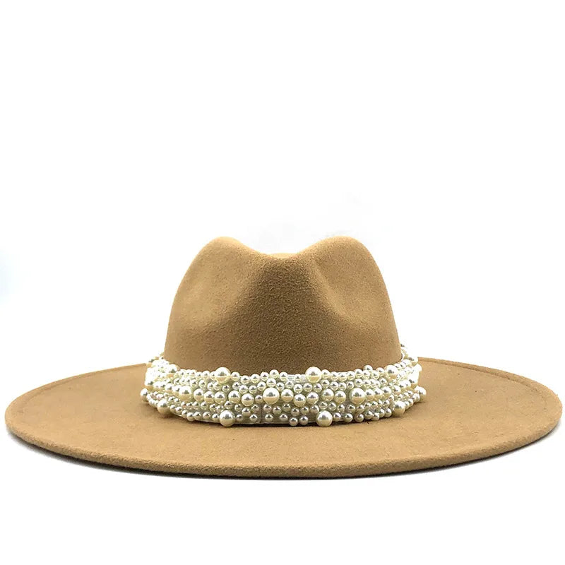 9.5cm Pearl Accessories Women's Woolen Hat Jazz Hat Autumn And Winter British Retro Top Hat Women