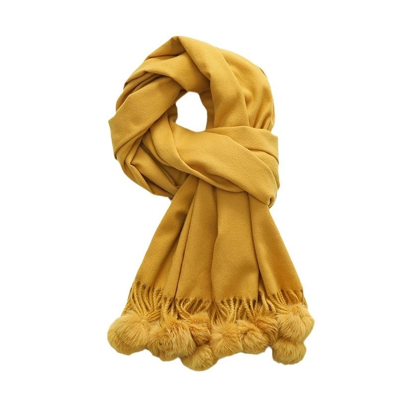 Cashmere Scarf Women's Winter New Imitation Cashmere Scarf Fur Ball Shawl Thickened Solid Color Wool Scarf