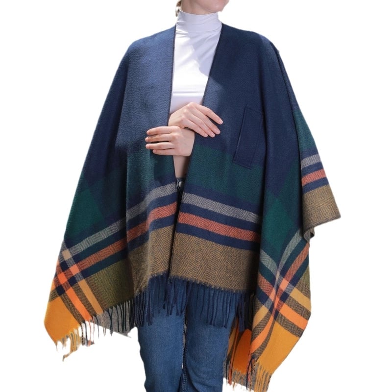 2024 New Color Striped Strap Inverness Women's Jacquard Warm Tassel Cardigan Outer Wear