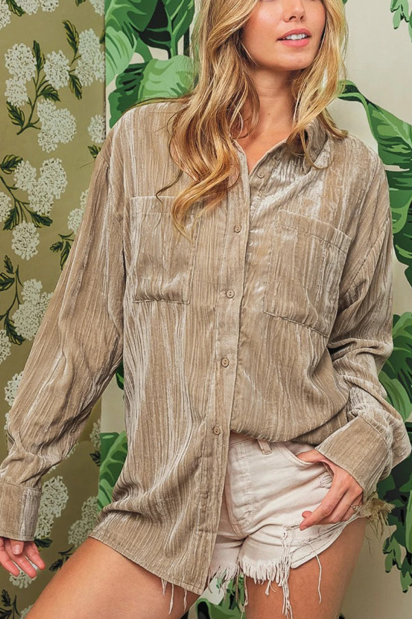 Golden Velvet Loose Fit Chest Pockets Buttoned Shirt