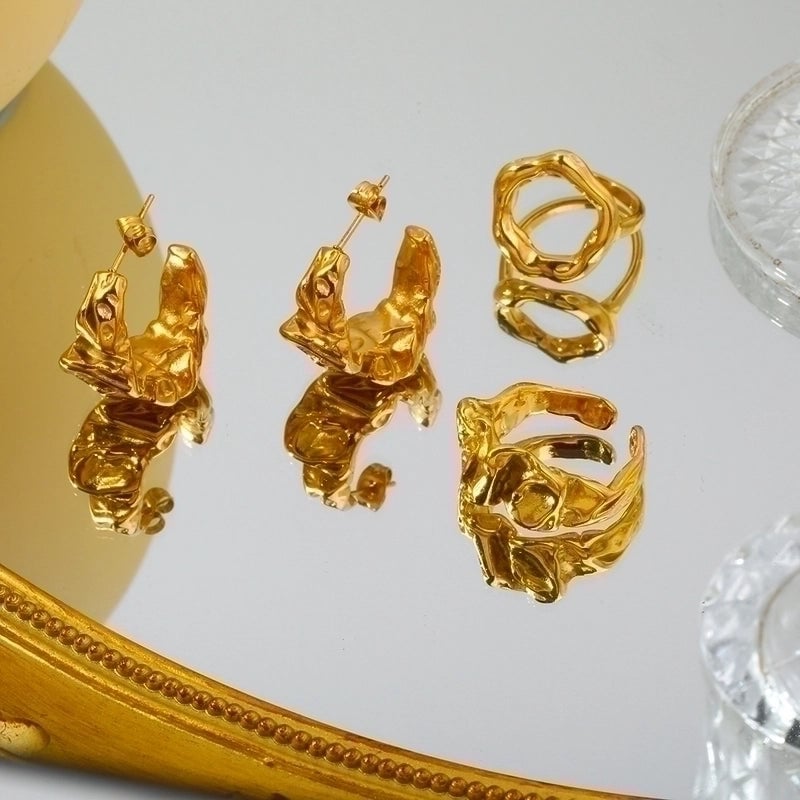 304 Stainless Steel 18K Gold Plated Vintage Style Polishing Plating Solid Color Folds Rings Earrings