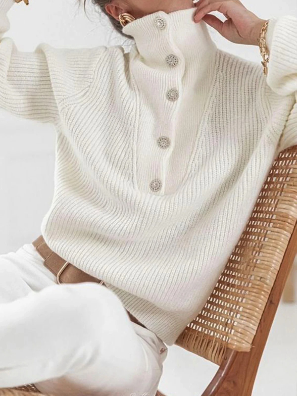Long Sleeves Buttoned Solid Color High-Neck Sweater Tops