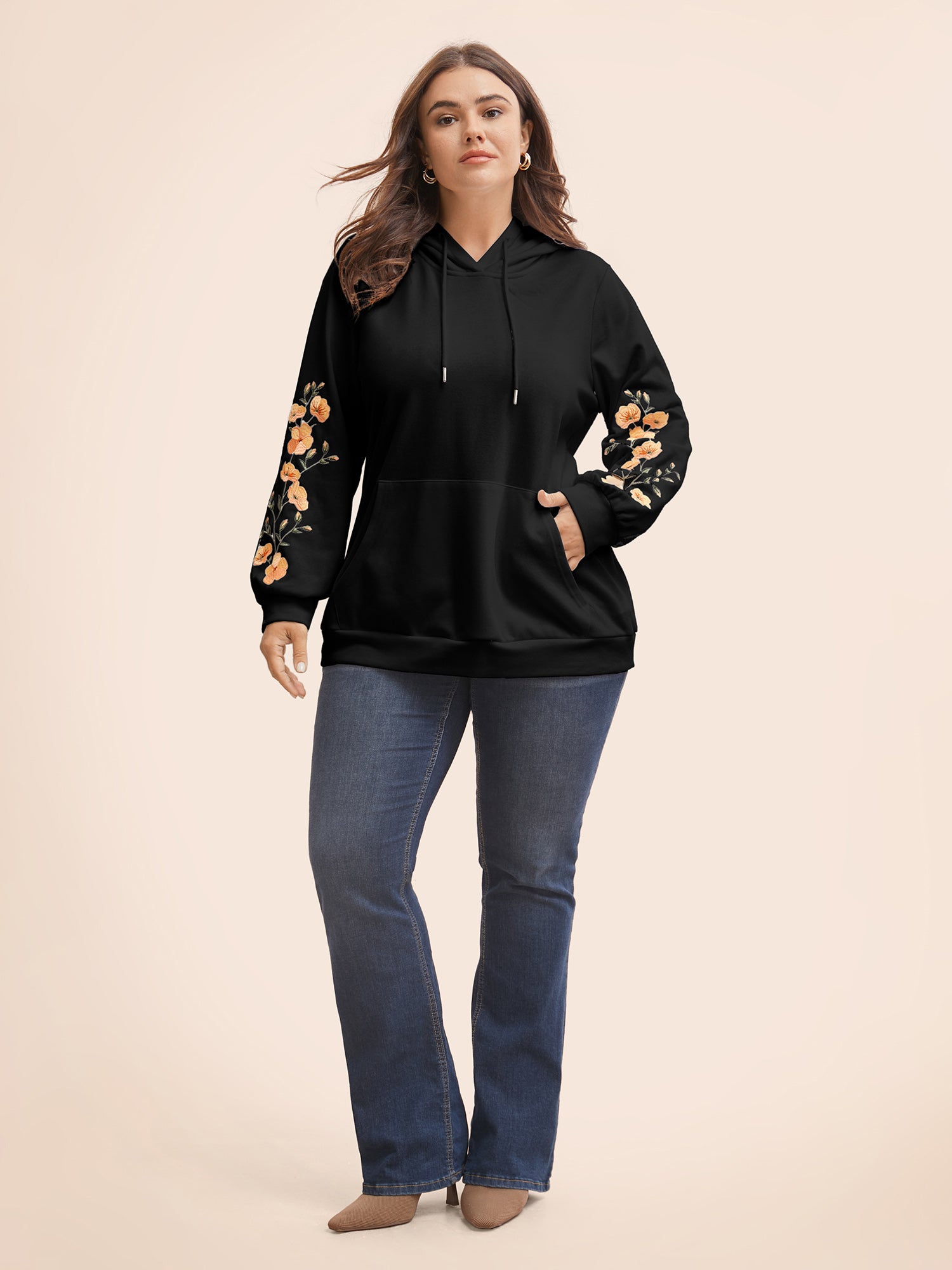 Floral Embroidered Hooded Drawstring Sweatshirt