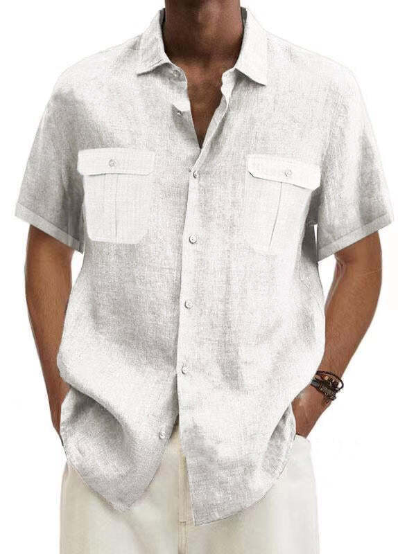 7-Pack Men's Shirts Double Pocket Cotton Linen Short Sleeve Shirts Casual Vacation Shirts