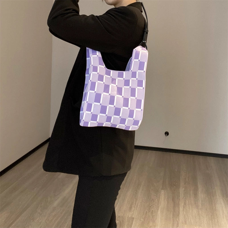 Women's Small Knit Printing Lattice Flower Elegant Classic Style Square Open Handbag