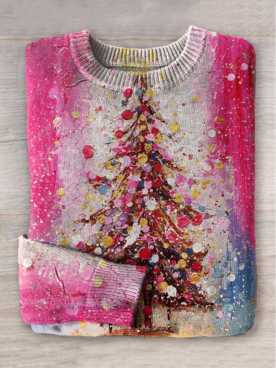 Oil Painting Christmas Tree Art Print Knit Pullover Sweater