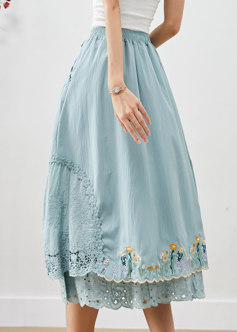 Natural Sky Blue Embroideried Patchwork Cotton Skirt Spring