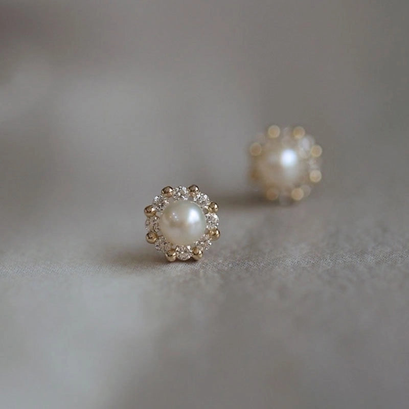1 Pair Minimalist Round Inlay Copper Rhinestones Pearl Ear Studs