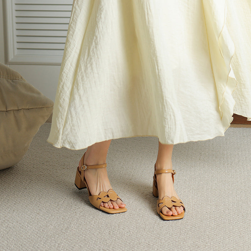 Elegant Square Toe Leather Sandals 50mm Block Heel Open Toe Pumps for Summer in Silver/Apricot/Brown