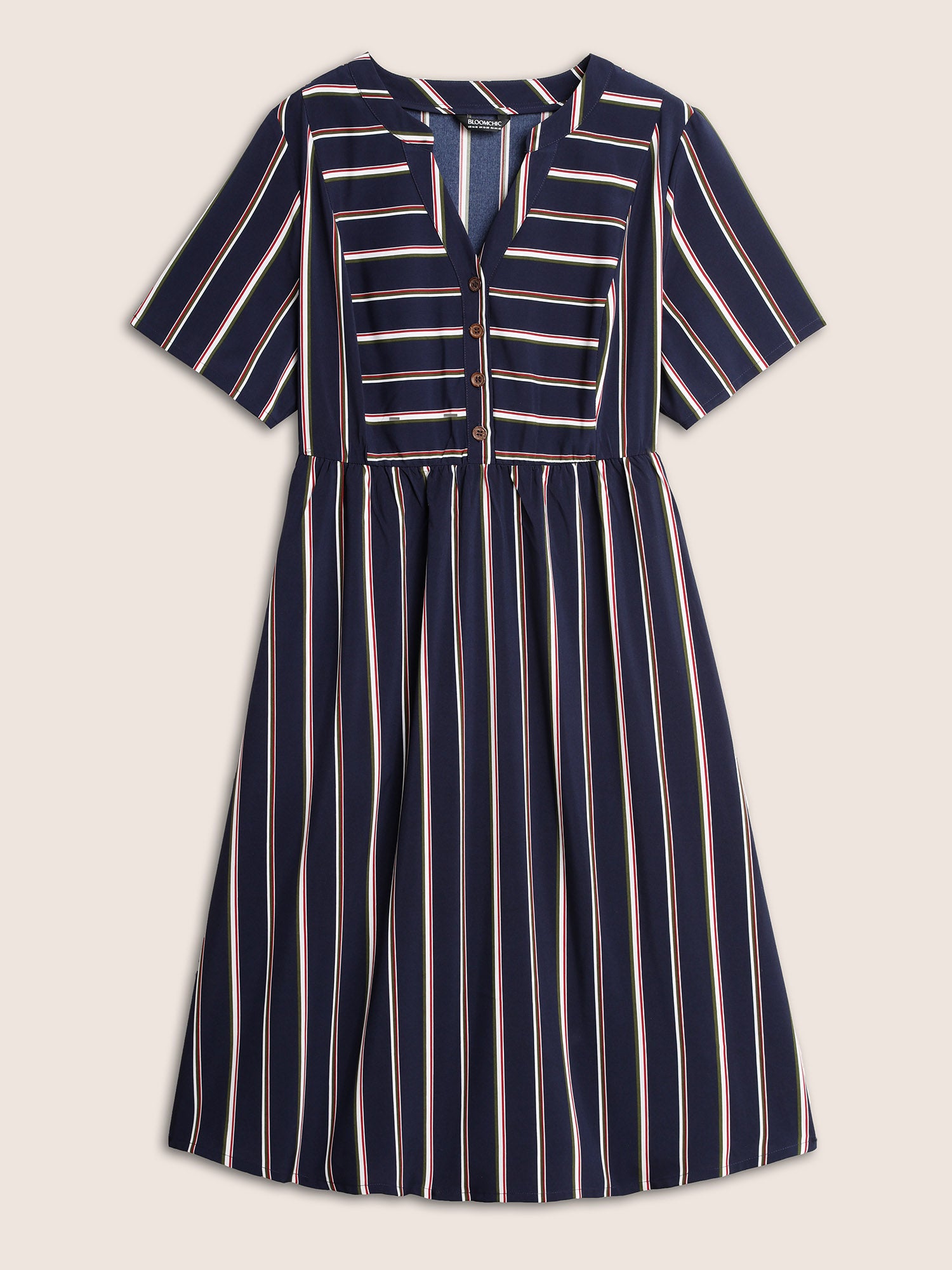 Notched Collar Striped Elastic Waist Midi Dress