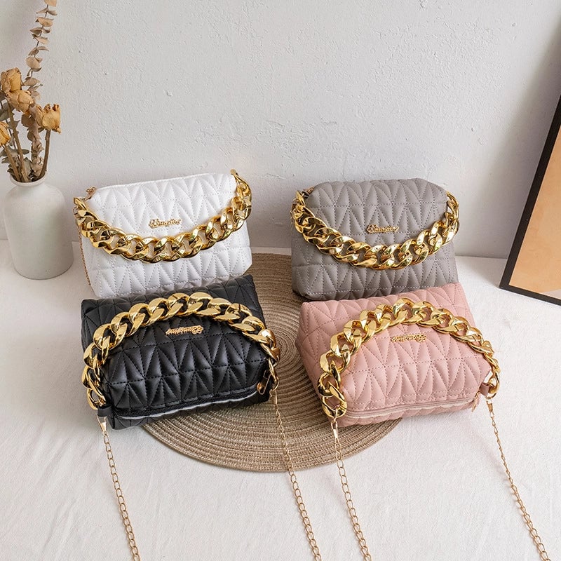 Fashion Solid Color Chain Square Zipper Rhombus Chain Bag