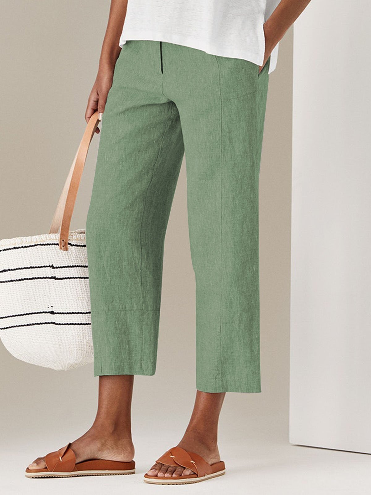 Solid Casual Pockets Cotton Pants