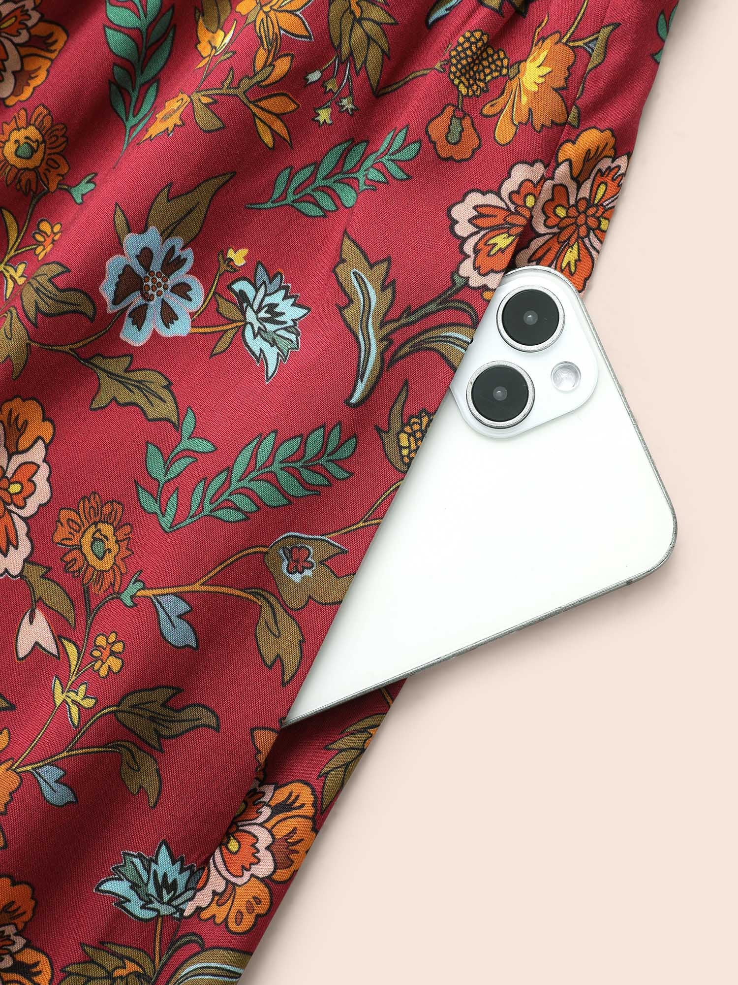 V Neck Bandana Print Shirred Dress