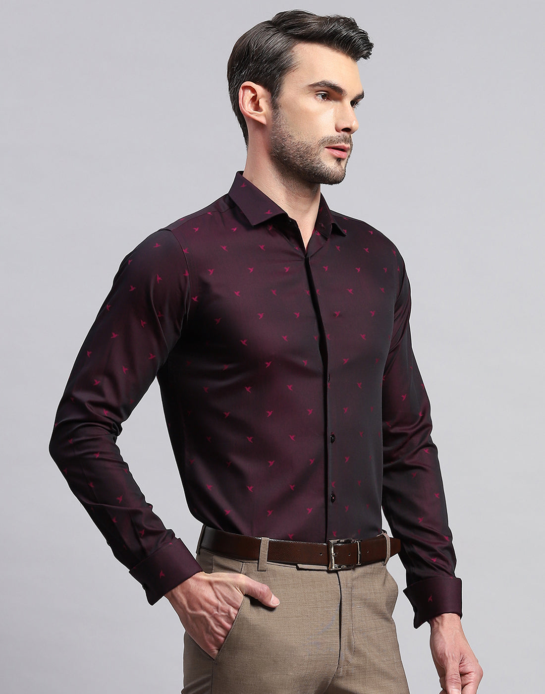 Men Maroon Printed Collar Neck Full Sleeve Shirt