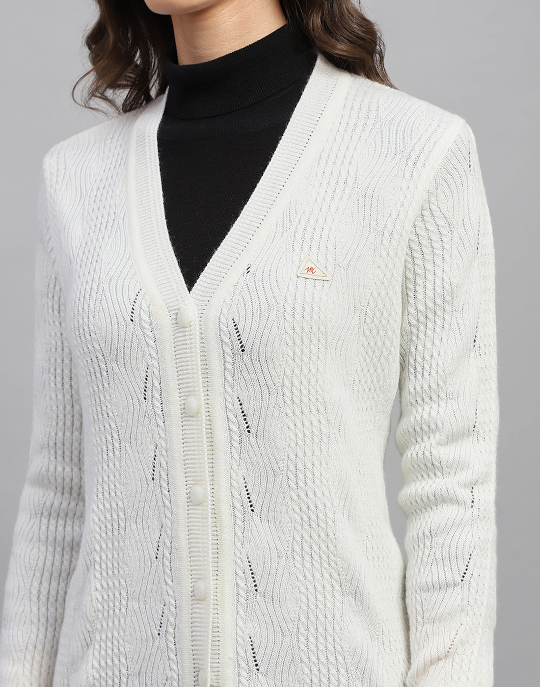 Women White Self Design V Neck Full Sleeve Cardigan