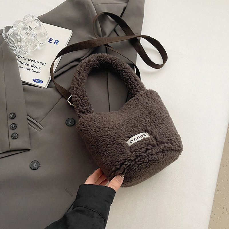 Women's Plush Solid Color Cute Bucket Magnetic Buckle Shoulder Bag Handbag Crossbody Bag