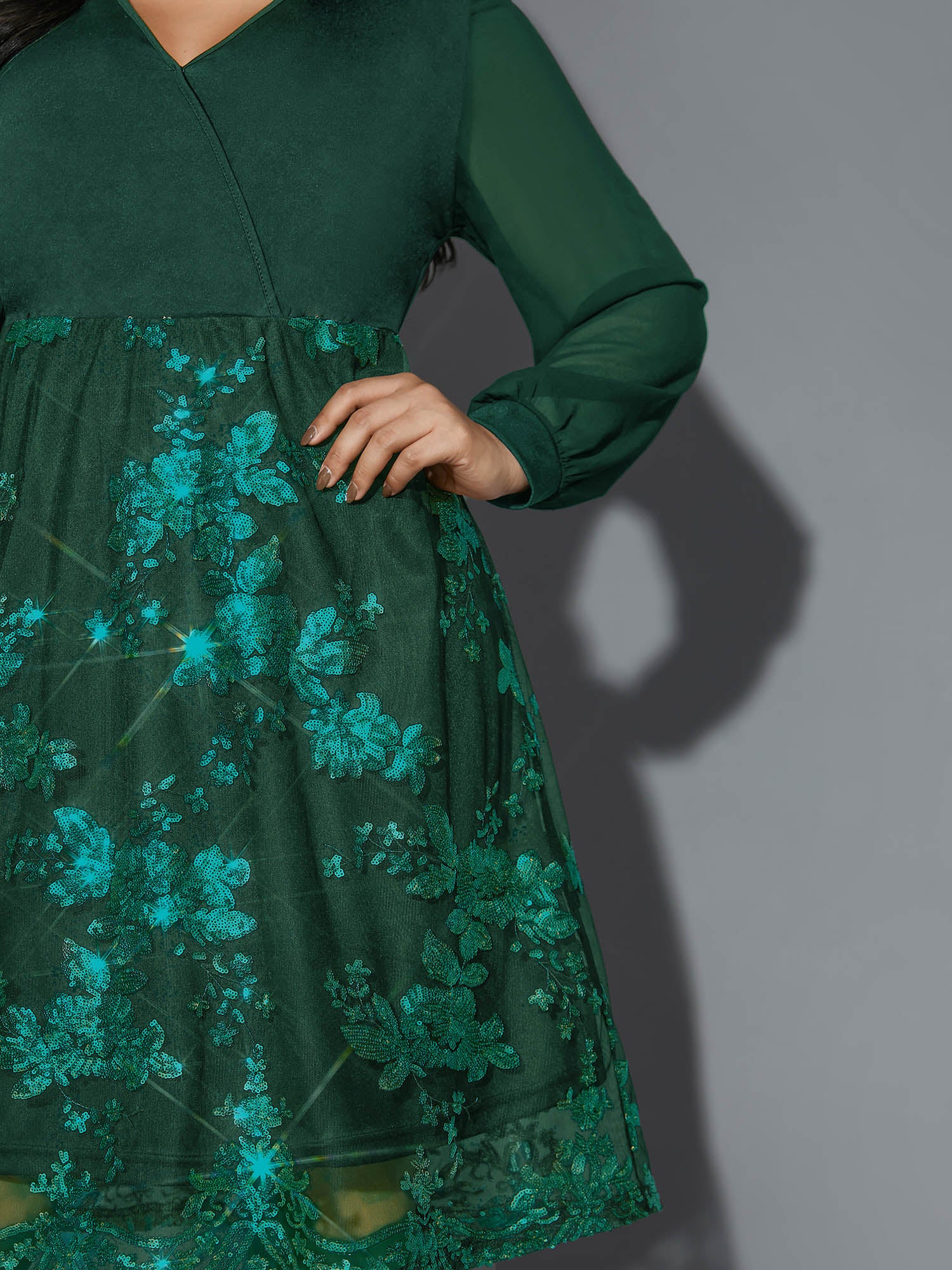 Sequin Overlap Collar Sheer Sleeve Lined Dress