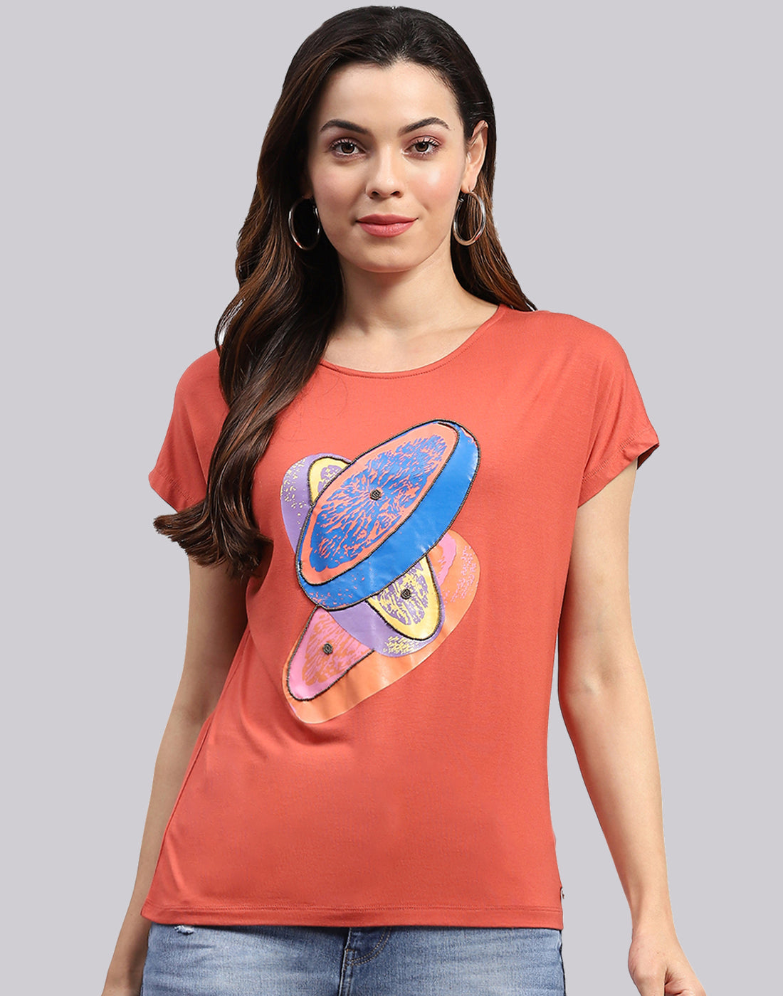 Women Orange Printed Round Neck Half Sleeve Top