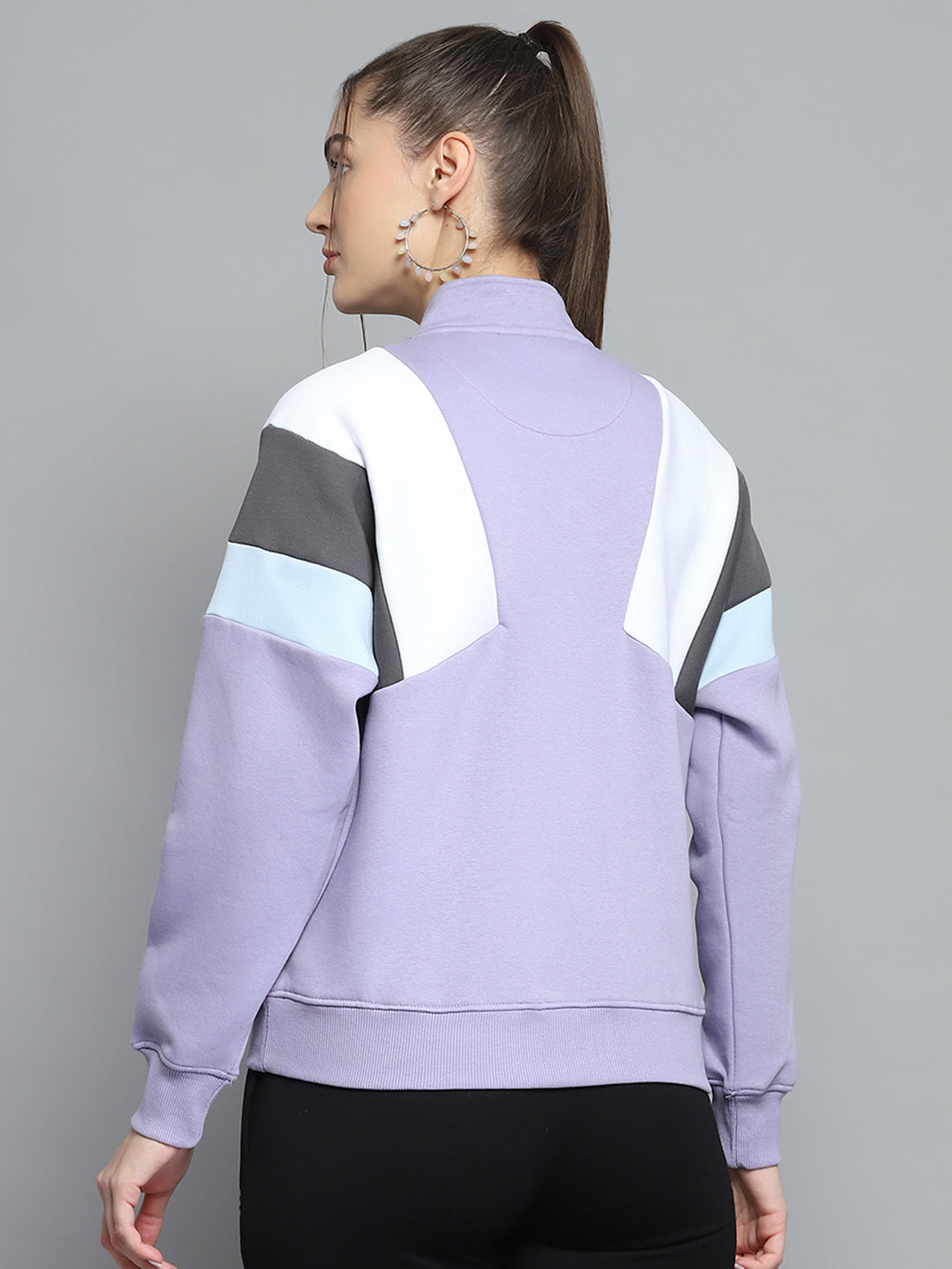 Women Purple Solid Mock Neck Full Sleeve Sweatshirt