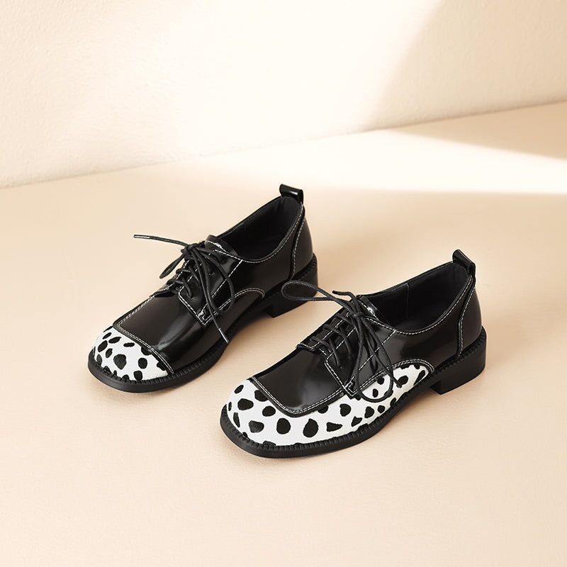 Unique Dalmatian Print Patchwork Handmade Leather Lace-Up Oxford Shoes in Black